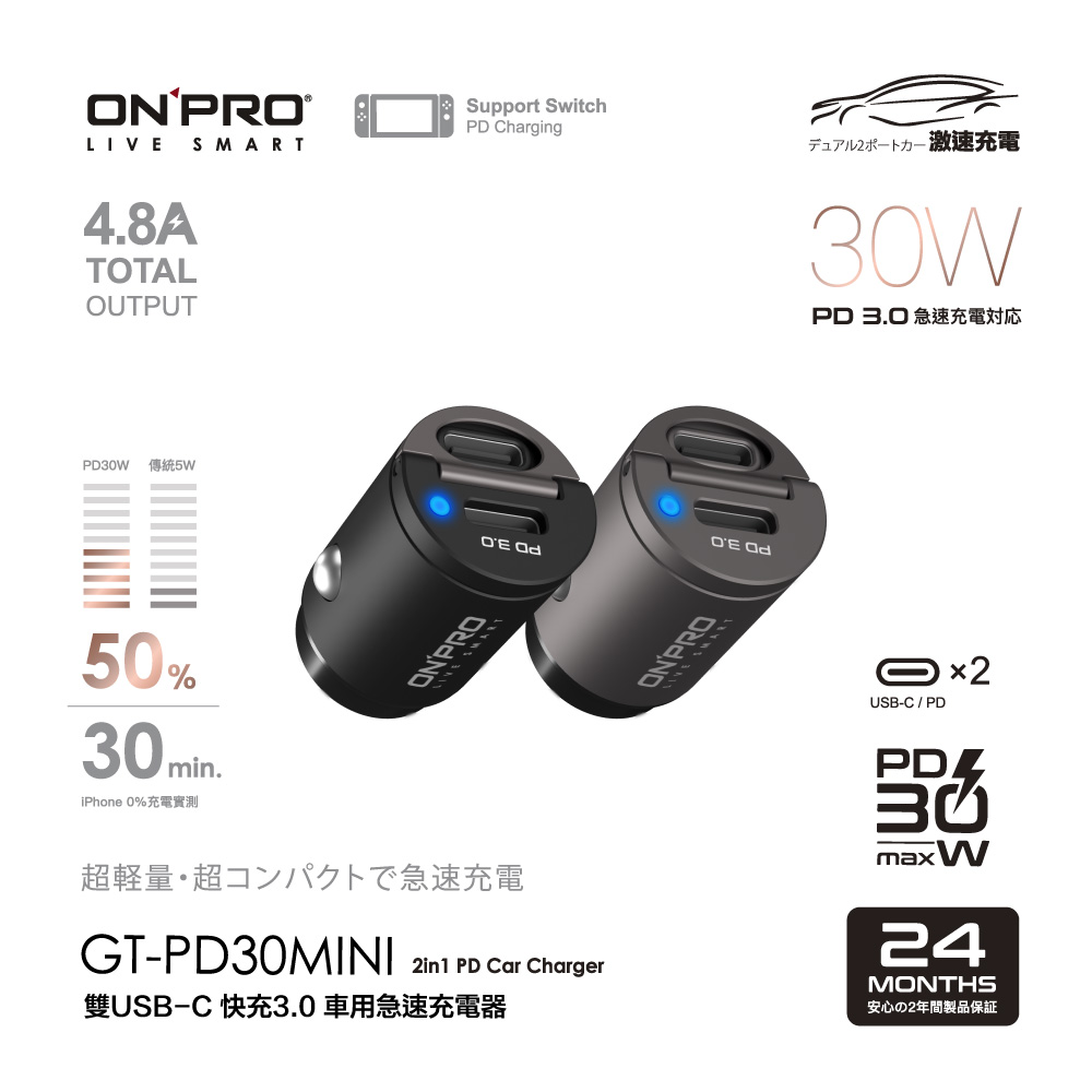Onpro Gt Pd30mini 30w 隱藏式雙type C車用pd快充充電器 Pchome 24h購物
