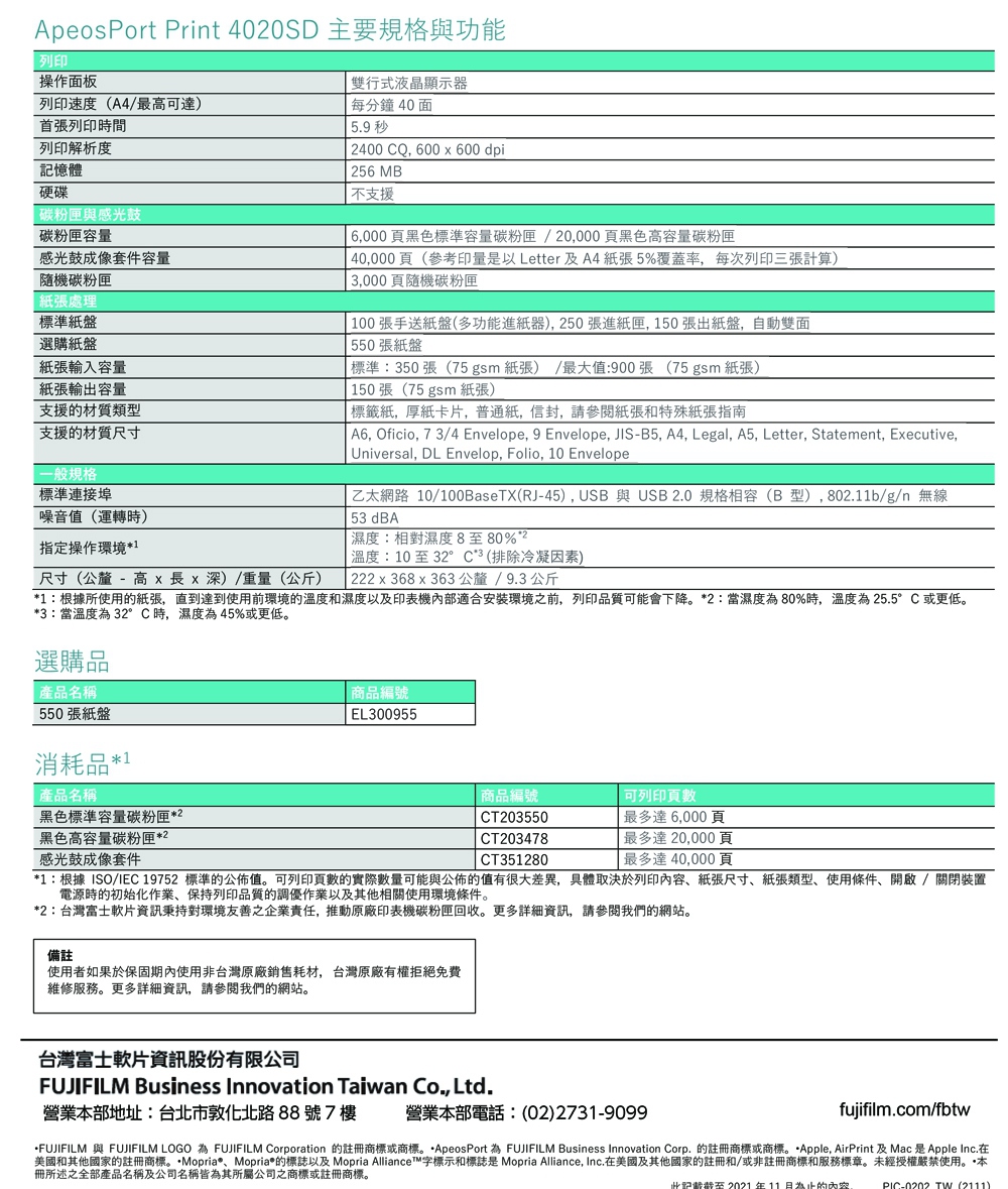 ApeosPort Print 400SD 主要規格與功能列印操作面板列印速度A4/最高可達首張列印時間列印解析度記憶體硬碟碳粉匣與感光鼓碳粉匣容量感光鼓成像套件容量隨機碳粉匣 紙張處理標準紙盤選購紙盤紙張輸入容量紙張輸出容量支援的材質類型支援的材質尺寸一般規格標準連接埠噪音值(運轉時指定操作環境1尺寸(公釐 - 高長x深)/重量(公斤)雙行式液晶顯示器 分鐘40面5.9 秒 2400 CQ600 x 600 dpi256 MB不支援 6,000頁黑色標準容量碳粉匣/20,000頁黑色高容量碳粉匣 40,000頁(參考印量是以 Letter 及A4紙張5%覆蓋率,每次列印三張計算)3,000頁隨機碳粉匣 100張手送紙盤(多功能進紙器),250張進紙匣,150張出紙盤,自動雙面 550張紙盤標準:350張(75gsm 紙張)/最大值:900張(75 gsm 紙張)150張(75 gsm 紙張)標籤紙,厚紙卡片,普通紙,信封,請參閱紙張和特殊紙張指南 A6, Oficio, 73/4 Envelope, 9 Envelope, JIS-B5, A4, Legal, A5, Letter, Statement, Executive, Universal, DL Envelop, Folio, 10 Envelope乙太網路 10/100BaseTX(RJ-45), USB 與 USB 2.0 規格相容(B型),802.11b/g/n 無線53 dBA濕度:相對濕度8至80%2 溫度:10至32°C(排除冷凝因素)| 222x368 x 363公釐/9.3公斤1:根據所使用的紙張,直到達到使用前環境的溫度和濕度以及印表機內部適合安裝環境之前,列印品質可能會下降2:當濕度為80%時,溫度為25.5°C 或更低*3:當溫度為 32°C時,濕度為45%或更低。選購品產品名稱550張紙盤消耗品*1產品名稱商品編號|EL300955黑色標準容量碳粉匣*2黑色高容量碳粉匣*2感光鼓成像套件商品編號CT203550CT203478CT351280可列印頁數最多達6,000頁最多達20,000頁最多達40,000頁*1:根據ISO/IEC 19752 標準的公佈值。可列印頁數的實際數量可能與公佈的值有很大差異,具體取決於列印內容、紙張尺寸、紙張類型、使用條件、開啟 / 關閉裝置電源時的初始化作、保持列印品質的調優作業以及其他相關使用環境條件。*2:台灣富士軟片資訊秉持對環境友善之企業責任,推動原廠印表機碳粉匣回收。更多詳細資訊,請參閱我們的網站。備註使用者如果於保固期內使用非台灣原廠銷售耗材,台灣原廠有權拒絕免費維修服務。更多詳細資訊,請參閱我們的網站。台灣富士軟片資訊股份有限公司FUJIFILM Business Innovation Taiwan , Ltd.業本部地址:台北市敦化北路88號7樓營業本部電話:(02)2731-9099)fujifilm.com/fbtw•FUJIFILM 與 FUJIFILM LOGO 為 FUJIFILM Corporation 的註冊商標或商標。*ApeosPort 為 FUJIFILM Business Innovation Corp.的註冊商標或商標。*Apple, AirPrint 及 Mac 是 Apple Inc.在美國和其他國家的註冊商標。Mopria*、Mopria*的標誌以及 Mopria Alliance™字標示和標誌是 Mopria Alliance, Inc.在美國及其他國家的註冊和/或非註冊商標和服務標章。未經授權嚴禁使用。本冊所述之全部產品名稱及公司名稱皆為其所屬公司之商標或註冊商標。此記載截至2021年11的內容PIC-0202 TW (2111)