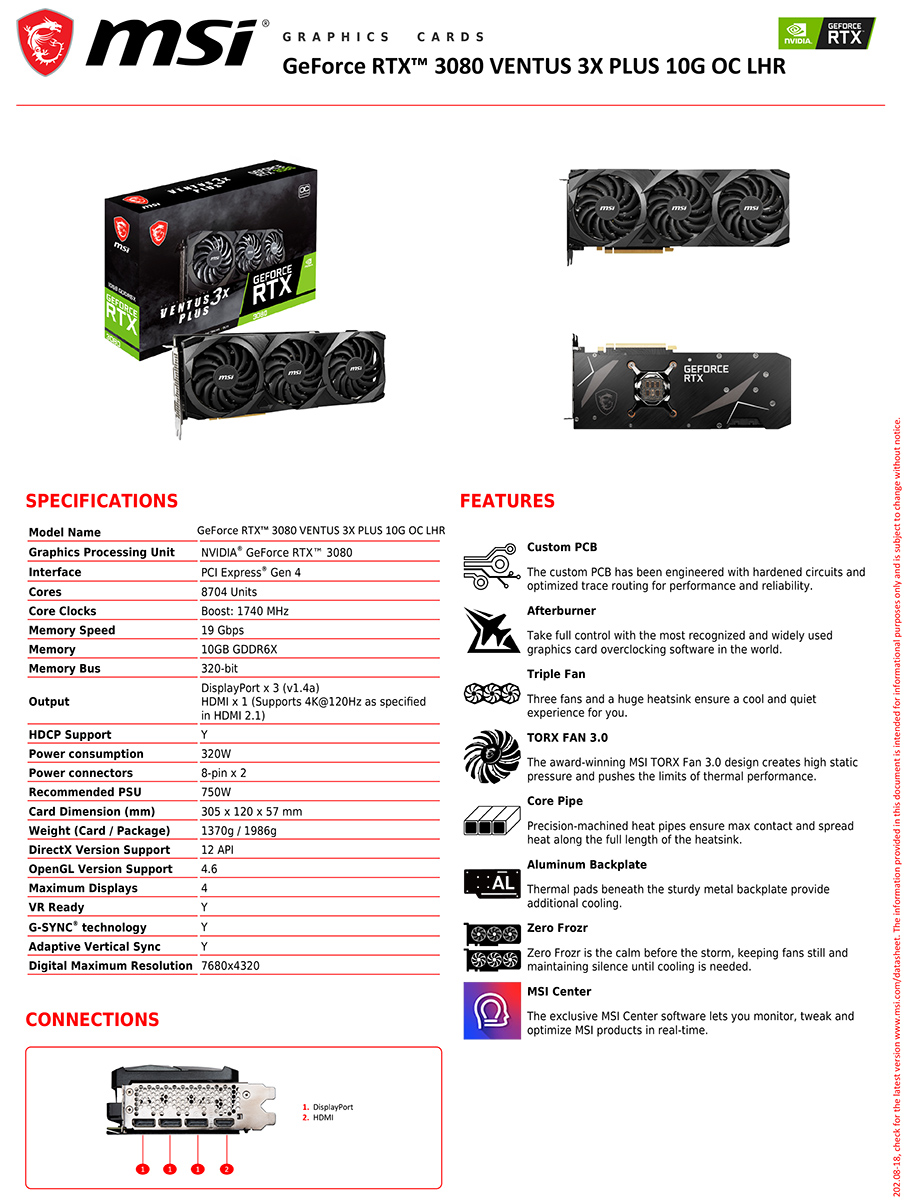 微星GeForce RTX3080 VENTUS 3X PLUS 10G OC LHR+X570S+B560M - PChome 