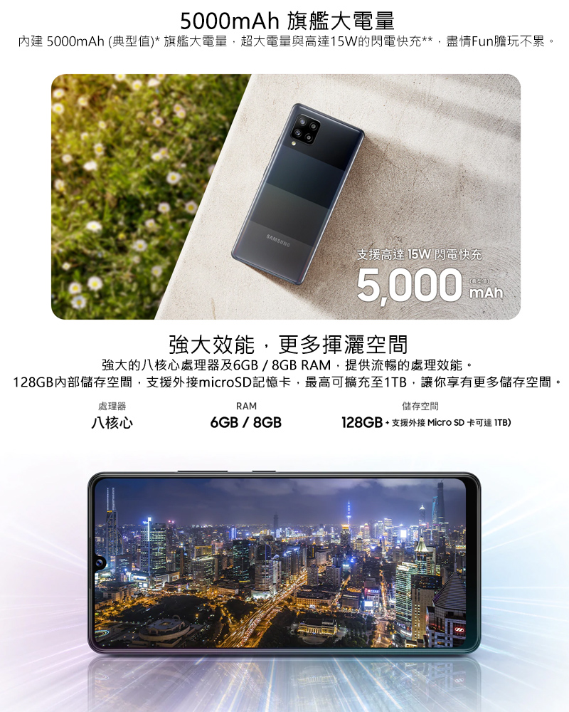 5000mAh 旗艦大電量內建 5000mAh (典型值)*旗艦大電量,超大電量與高達15W的閃電快充**,盡情Fun膽玩不累。SAMSUNG支援高達15W 閃電快充5,000mAh強大效能,更多揮灑空間強大的八核心處理器及6GB/8GB RAM,提供流暢的處理效能。128GB儲存空間,支援microSD記憶卡,最高可擴充至1TB,讓你享有更多儲存空間。處理器八核心RAM6GB/8GB儲存空間128GB+支援外接 Micro SD卡可達 ITB)